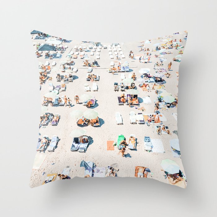 Vintage Beach Photography, Aerial Beach Print, Beach People, People On Beach, Beach Umbrellas Throw Pillow Gallery Image 1