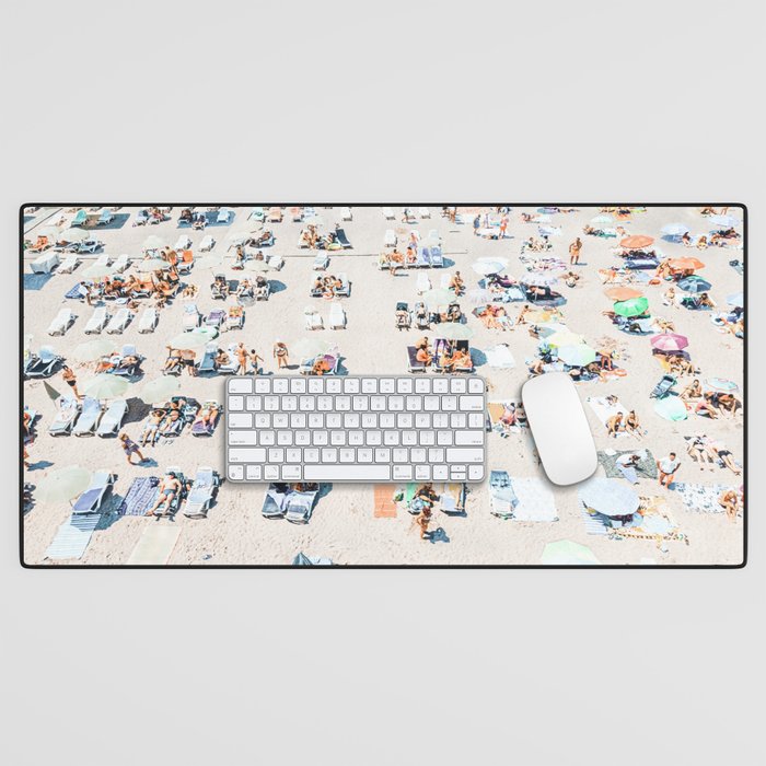 Vintage Beach Photography, Aerial Beach Print, Beach People, People On Beach, Beach Umbrellas Desk Mat Gallery Image 1