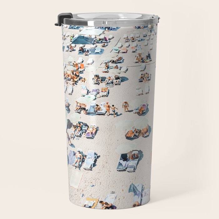 Vintage Beach Photography, Aerial Beach Print, Beach People, People On Beach, Beach Umbrellas Travel Mug Gallery Image 3