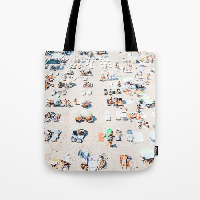 Vintage Beach Photography, Aerial Beach Print, Beach People, People On Beach, Beach Umbrellas Tote Bag Gallery Image 1