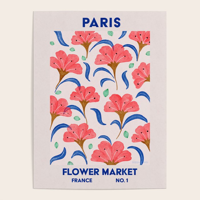 Tropical Watercolor Flowers in Pink and Blue Poster Gallery Image 1