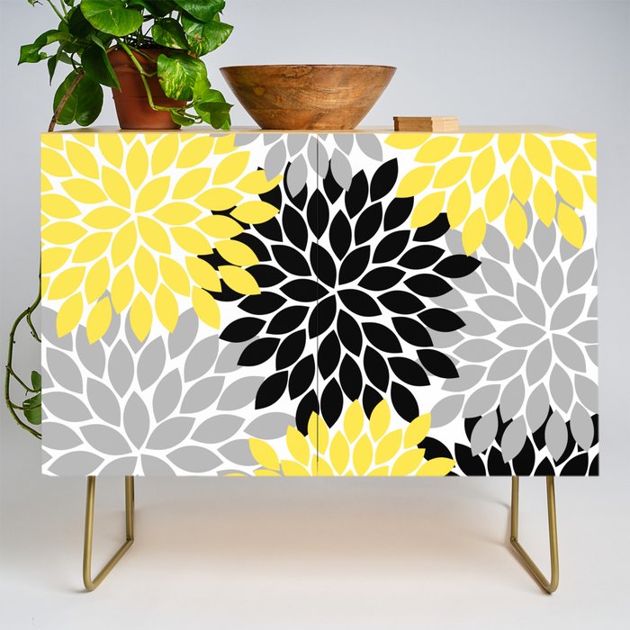 Yellow Black Gray Flower Burst Floral Pattern Credenza Gallery Image 1