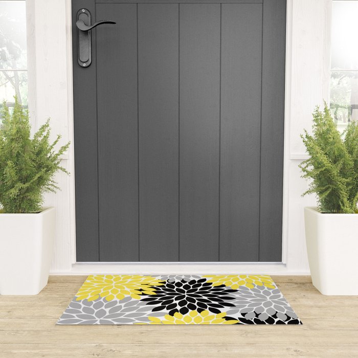 Yellow Black Gray Flower Burst Floral Pattern Welcome Mat Gallery Image 3