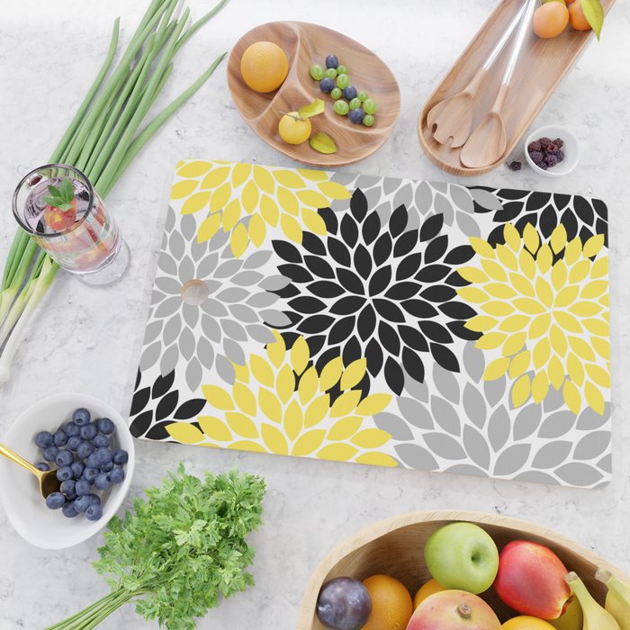 Yellow Black Gray Flower Burst Floral Pattern Cutting Board Gallery Image 2