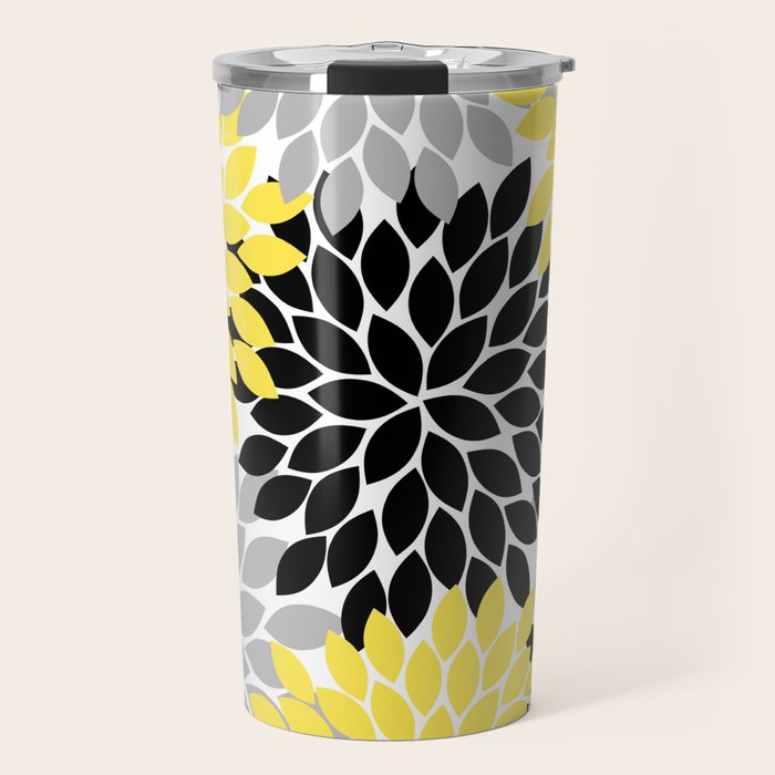 Yellow Black Gray Flower Burst Floral Pattern Travel Mug Gallery Image 1