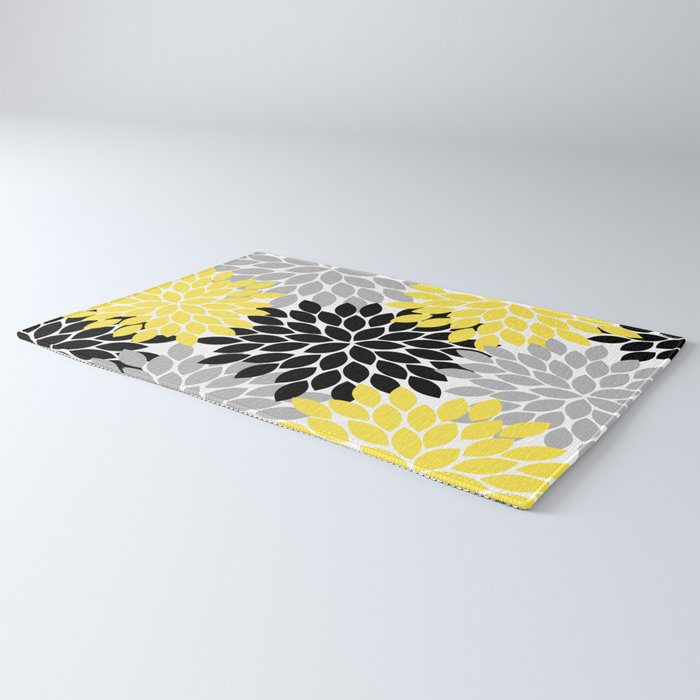 Yellow Black Gray Flower Burst Floral Pattern Rug Gallery Image 3