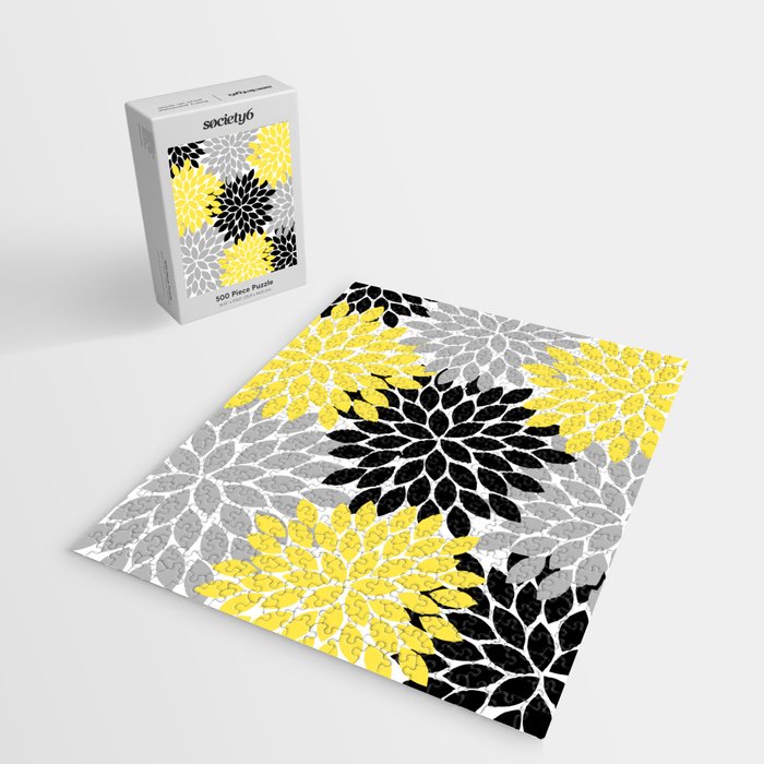 Yellow Black Gray Flower Burst Floral Pattern Jigsaw Puzzle Gallery Image 2