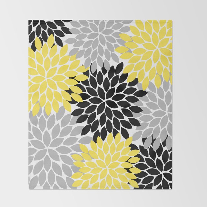 Yellow Black Gray Flower Burst Floral Pattern Throw Blanket Gallery Image 2