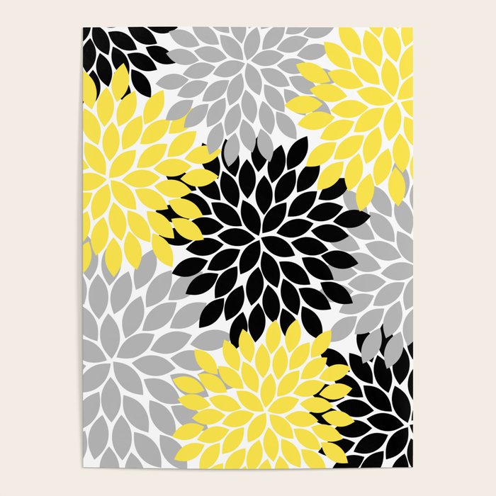 Yellow Black Gray Flower Burst Floral Pattern Poster