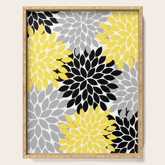 Yellow Black Gray Flower Burst Floral Pattern Serving Tray Gallery Image 1