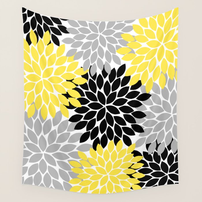 Yellow Black Gray Flower Burst Floral Pattern Wall Tapestry Gallery Image 4