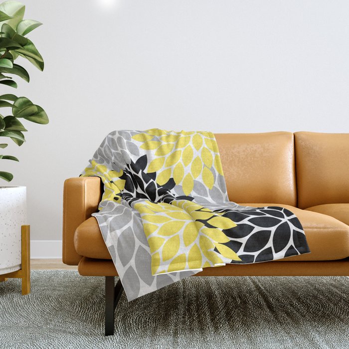 Yellow Black Gray Flower Burst Floral Pattern Throw Blanket Gallery Image 1