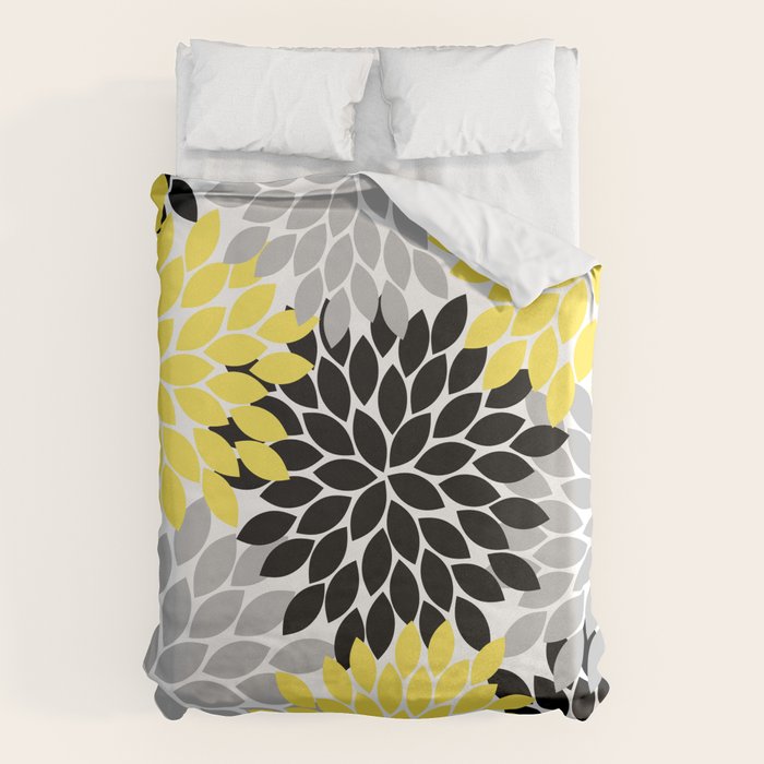 Yellow Black Gray Flower Burst Floral Pattern Duvet Cover Gallery Image 1