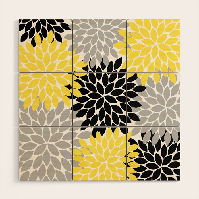 Yellow Black Gray Flower Burst Floral Pattern Wood Wall Art
