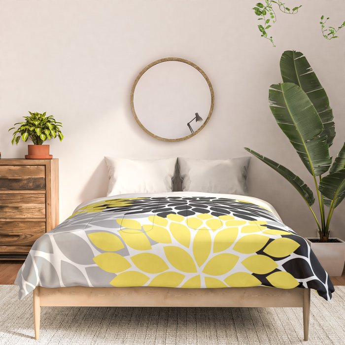 Yellow Black Gray Flower Burst Floral Pattern Comforter Gallery Image 3