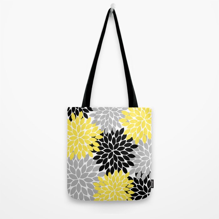 Yellow Black Gray Flower Burst Floral Pattern Tote Bag Gallery Image 2
