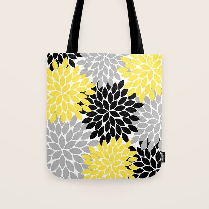 Yellow Black Gray Flower Burst Floral Pattern Tote Bag Gallery Image 1