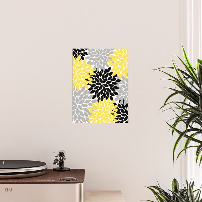 Yellow Black Gray Flower Burst Floral Pattern Poster Gallery Image 2