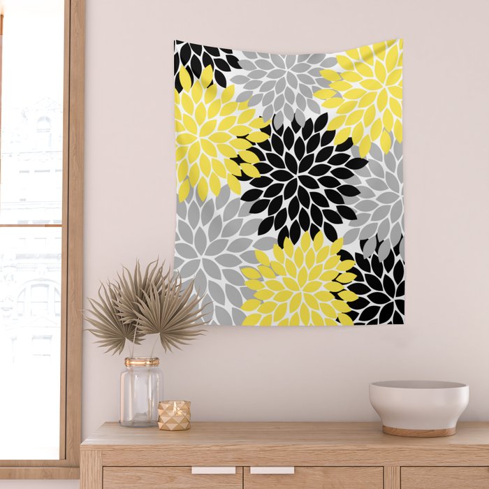 Yellow Black Gray Flower Burst Floral Pattern Wall Tapestry Gallery Image 2