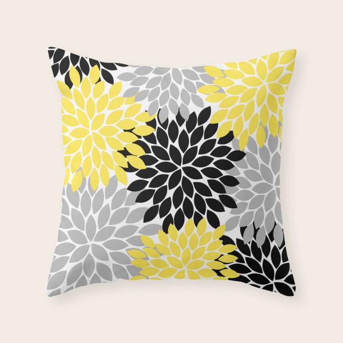 Yellow Black Gray Flower Burst Floral Pattern Throw Pillow Gallery Image 6