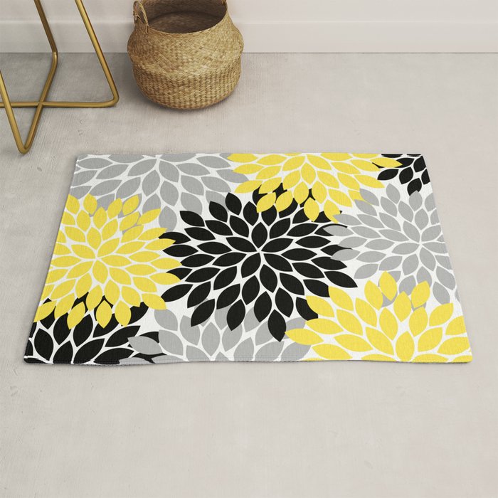 Yellow Black Gray Flower Burst Floral Pattern Rug Gallery Image 1