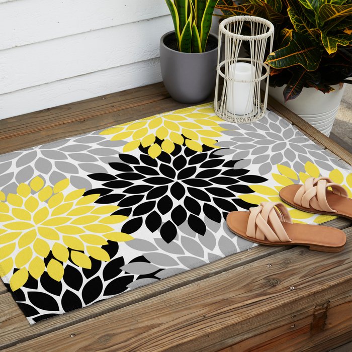 Yellow Black Gray Flower Burst Floral Pattern Outdoor Rug Gallery Image 2