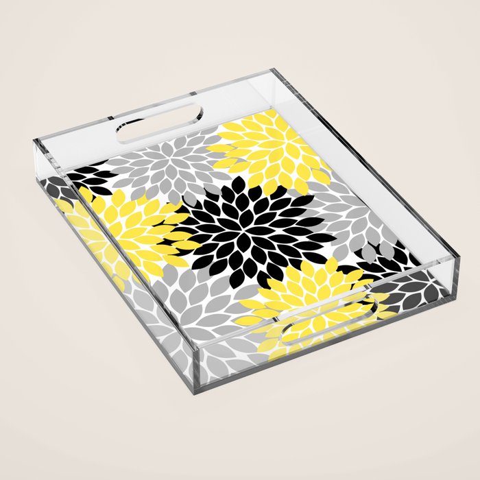 Yellow Black Gray Flower Burst Floral Pattern Acrylic Tray Gallery Image 1