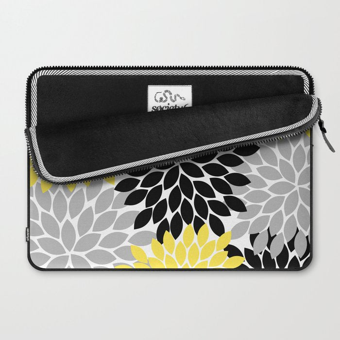 Yellow Black Gray Flower Burst Floral Pattern Laptop Sleeve Gallery Image 2