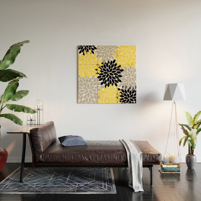 Yellow Black Gray Flower Burst Floral Pattern Wood Wall Art Gallery Image 2
