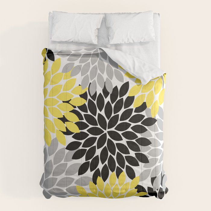 Yellow Black Gray Flower Burst Floral Pattern Comforter Gallery Image 6
