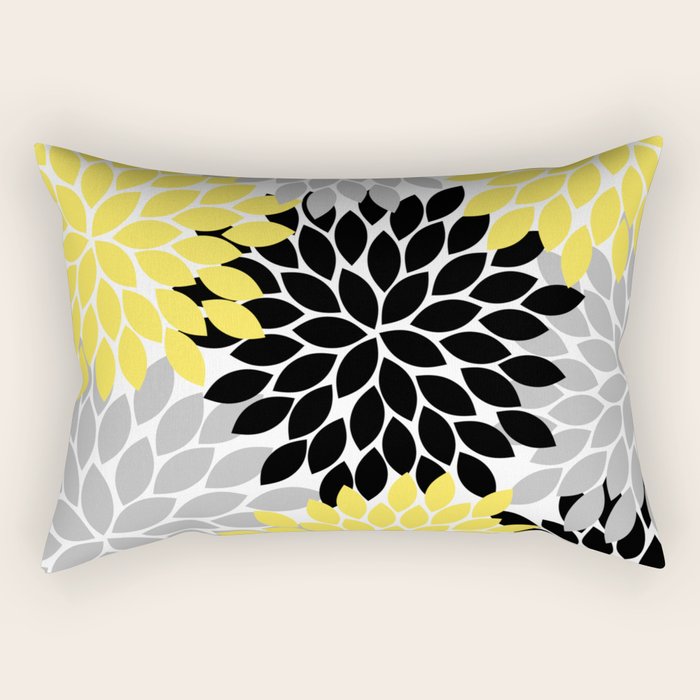 Yellow Black Gray Flower Burst Floral Pattern Rectangular Pillow Gallery Image 1