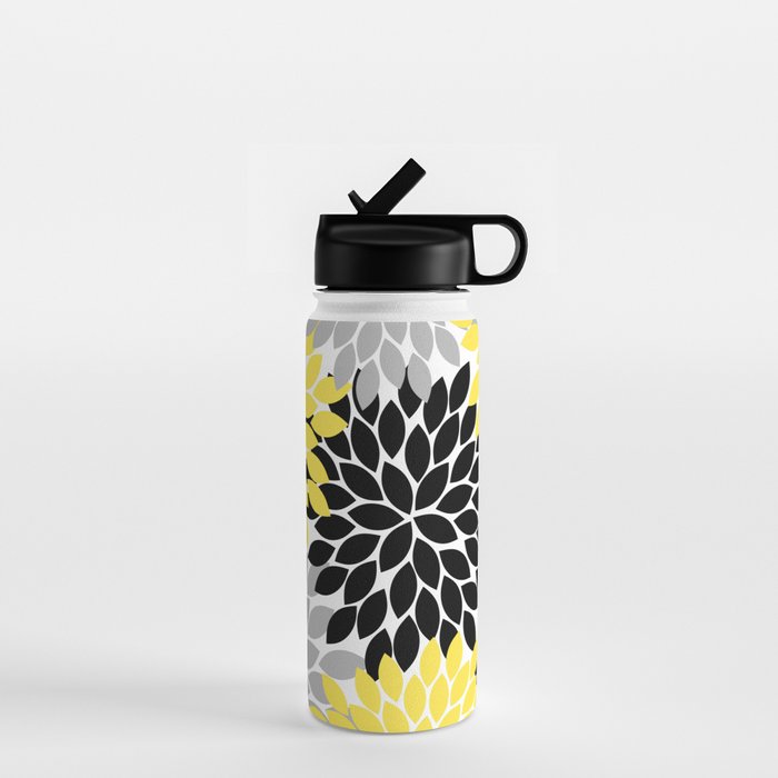 Yellow Black Gray Flower Burst Floral Pattern Water Bottle Gallery Image 1