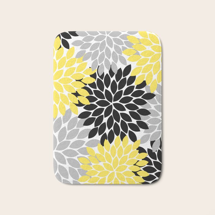 Yellow Black Gray Flower Burst Floral Pattern Bath Mat