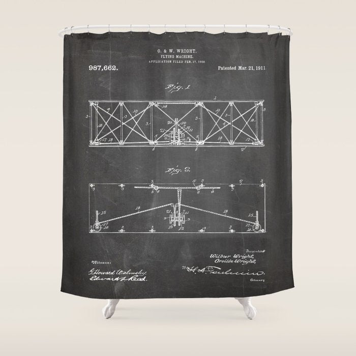 Wright Brother'S Plane Patent - Aviation Art - Black Chalkboard Shower Curtain Gallery Image 1