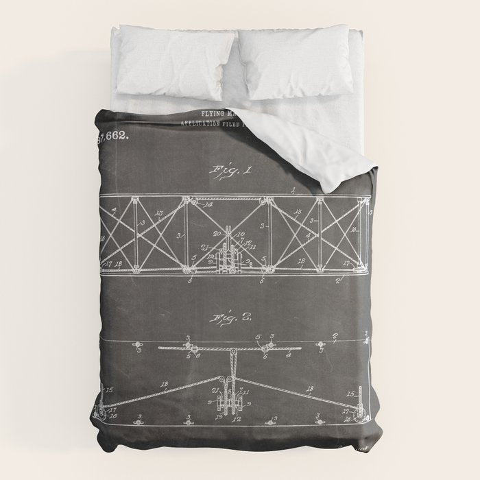 Wright Brother'S Plane Patent - Aviation Art - Black Chalkboard Duvet Cover Gallery Image 6