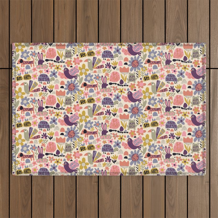 Playful Meadow Cute Animals with Motivational Affirmations - Soft Regal Outdoor Rug Gallery Image 1