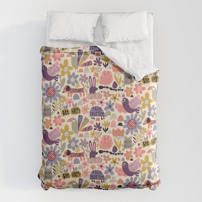 Playful Meadow Cute Animals with Motivational Affirmations - Soft Regal Duvet Cover Gallery Image 6