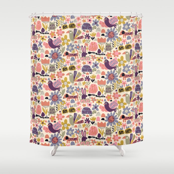 Playful Meadow Cute Animals with Motivational Affirmations - Soft Regal Shower Curtain Gallery Image 1