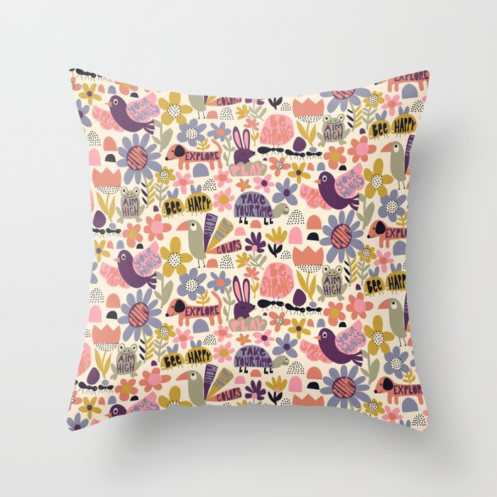 Playful Meadow Cute Animals with Motivational Affirmations - Soft Regal Throw Pillow Gallery Image 1