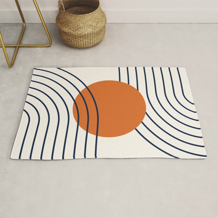 Geometric Lines in Navy Blue Orange 1 (Rainbow Abstraction) Rug Gallery Image 1