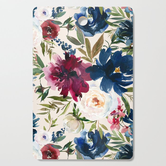 Burgundy Navy Cream Floral Watercolor Pattern B Cutting Board Gallery Image 1