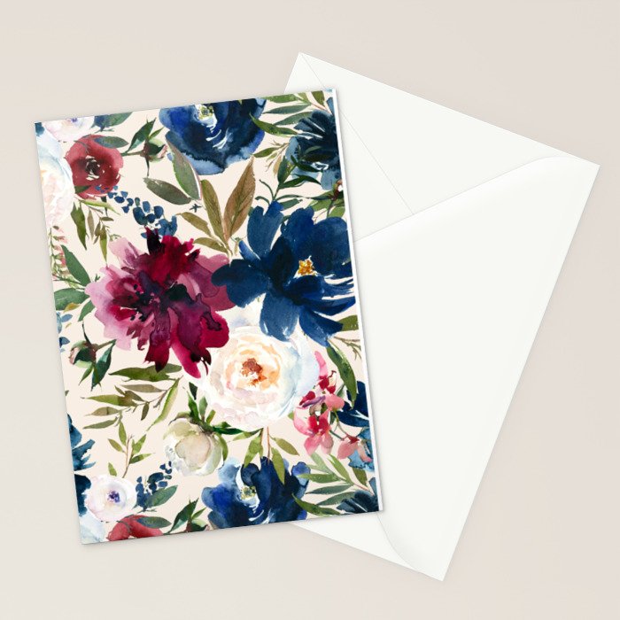 Burgundy Navy Cream Floral Watercolor Pattern B Stationery Card Gallery Image 2