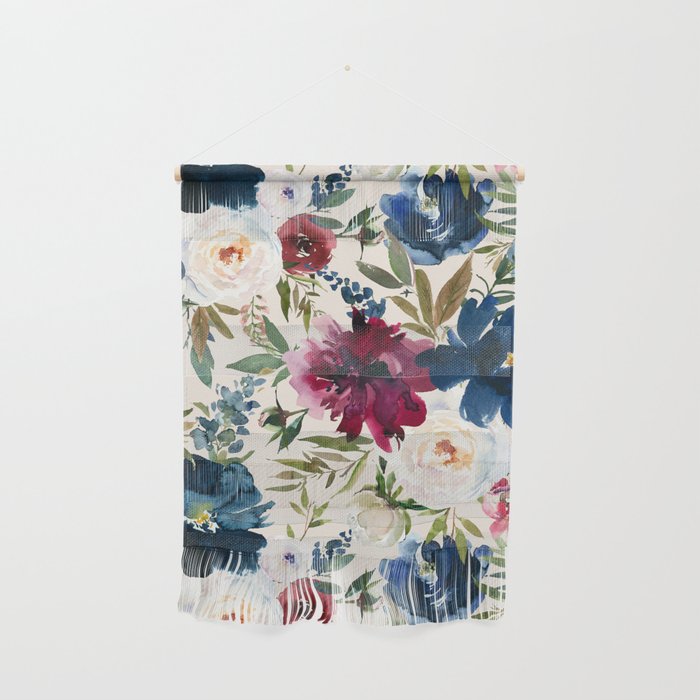 Burgundy Navy Cream Floral Watercolor Pattern B Wall Hanging Gallery Image 1