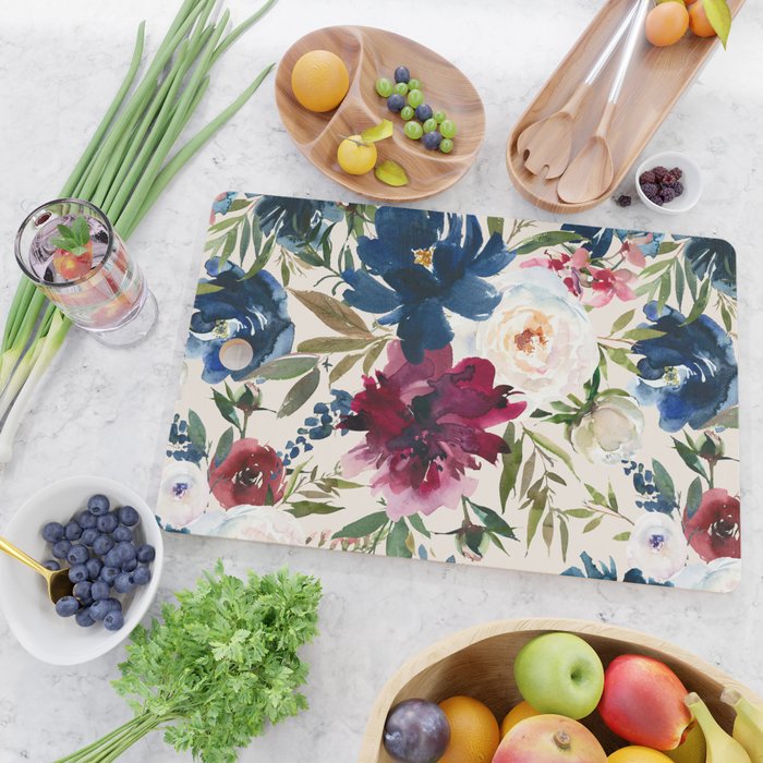 Burgundy Navy Cream Floral Watercolor Pattern B Cutting Board Gallery Image 2