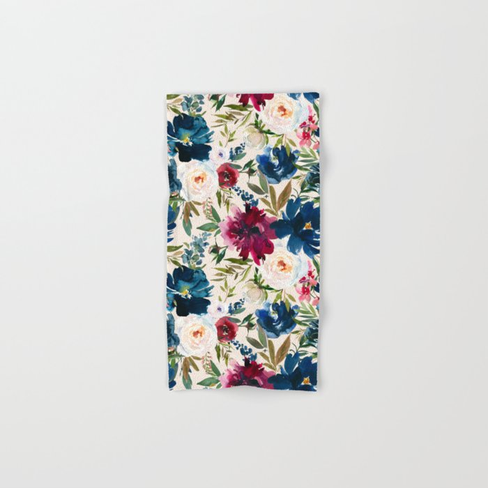 Burgundy Navy Cream Floral Watercolor Pattern B Bath Towel Gallery Image 1