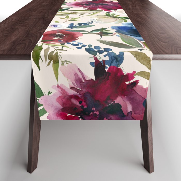 Burgundy Navy Cream Floral Watercolor Pattern B Table Runner Gallery Image 1