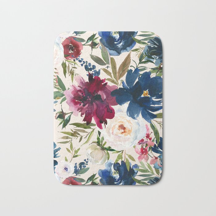 Burgundy Navy Cream Floral Watercolor Pattern B Bath Mat Gallery Image 1