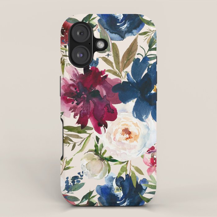Burgundy Navy Cream Floral Watercolor Pattern B iPhone Case Gallery Image 1