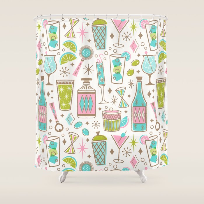 Retro Mid Century Happy Hour - Pink Green and Blue Shower Curtain Gallery Image 1