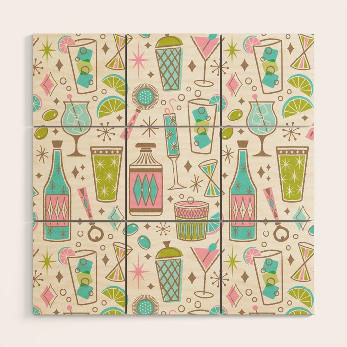 Retro Mid Century Happy Hour - Pink Green and Blue Wood Wall Art Gallery Image 1